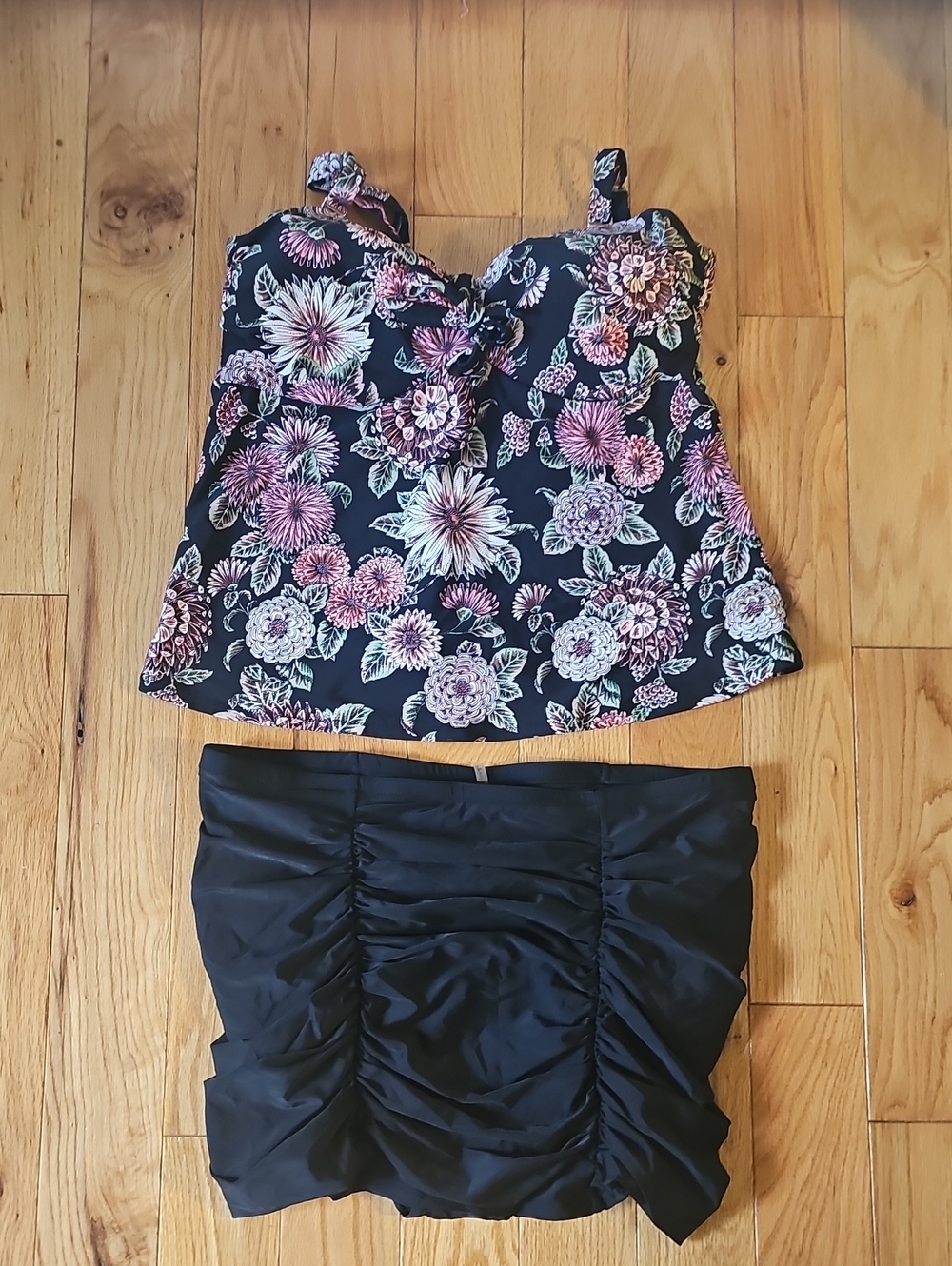 Raisins Black Floral Tankini Top and Black Ruched Swim Skirt